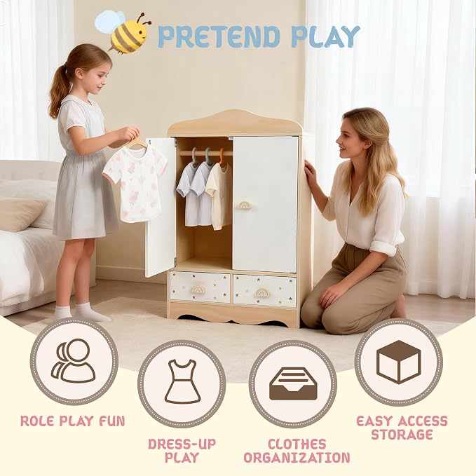 Freniland Wooden Doll Dress-Up Organizer with Doors, 3 Hangers & 2 Drawers, Doll Furniture, Pretend Play Storage Cabinet Gift for Girls Ages 3+