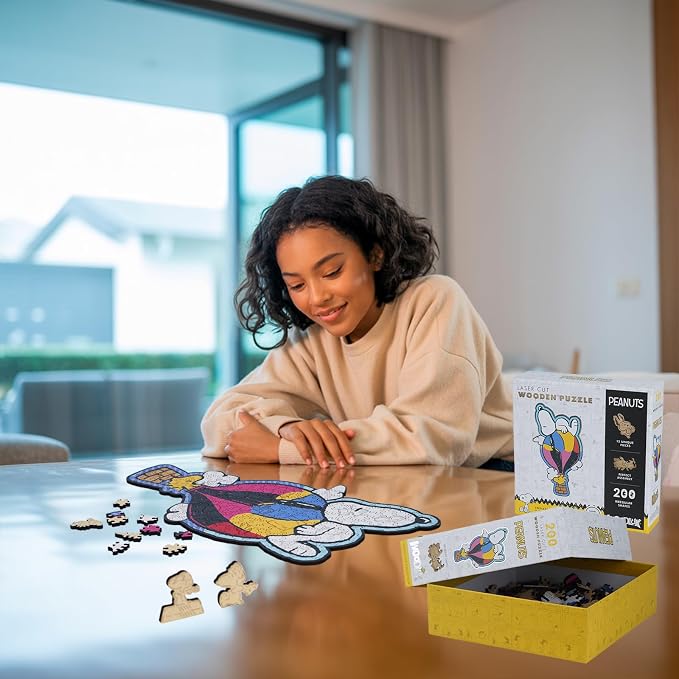 Peanuts Puzzles for Adults – Wooden Puzzles Gifts for Snoopy Lovers, 200 Pieces Unique Shaped Woodstock Jigsaw Puzzles, 5MM Thick, Officially Licensed Merchandise – Balloon Ride, 8.9" x 15.7"