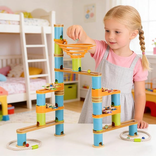 Natural Bamboo Marble Run Toy Set — Musical STEM Building Blocks for Kids — Shatter-Proof Design with Clever Cord-Catch — Eco-Friendly Educational Gift — 98 Pcs