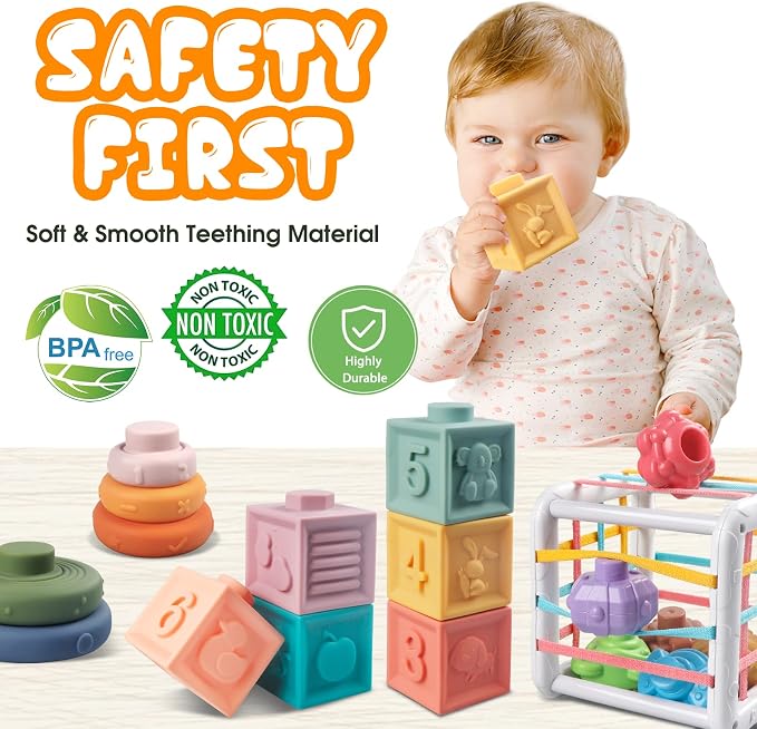 Plunack 4-in-1 Baby Toys for 6-12 Months - Montessori Soft Stacking Blocks for Babies 9 Months+, Infants Teething Toys, Sensory Balls and Educational Learning Set for Toddlers (Boys & Girls)