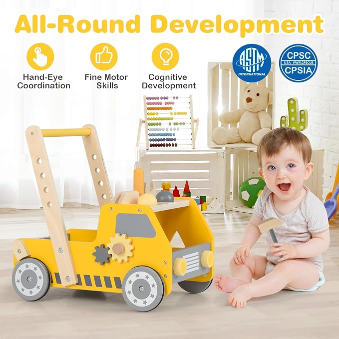 HONEY JOY Baby Push Walker, Adjustable Speed Baby Walker, Wooden Toy Tool Bench & Car Walker w/Shape Sorter, Develop Motor Skills & Creativity, Push Toys for Babies Learning to Walk, Gift, Yellow