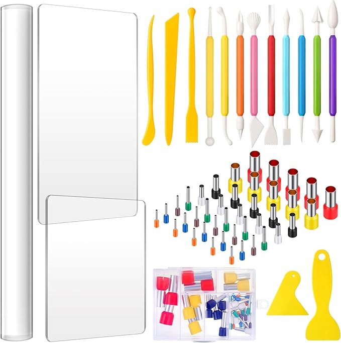 Honoson 57 Pcs Polymer Clay Cutters Tools Set Acrylic Clay Rolling Pin Roller Machine Acrylic Sheet Plastic Scraper Backing Board Stainless Steel Round Circle Shape Cutter for DIY Craft Ceramics