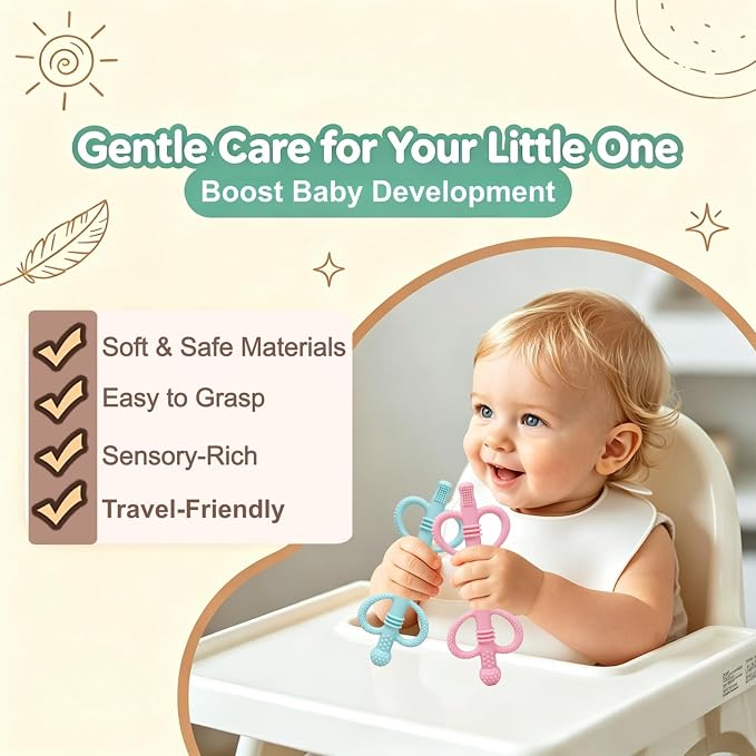 4 Pack Baby Teething Toys, Heart-Shaped Easy-Grip Silicone Teething Sticks, BPA-Free Multi-Texture Teething Tubes, Sensory Chew Toys to Soothe Gums 3-36 Months with Cleaning Brush
