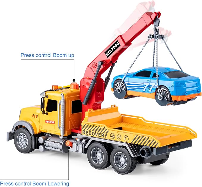 haomsj Big Tow Truck Toy with Car for 3+ Year Old Boys Friction Power Crane Transport Truck with Light Sound Toy Truck for Kids Ages 3-7 Birthday Toys for Boys (1:18 Plastic Tow Truck)