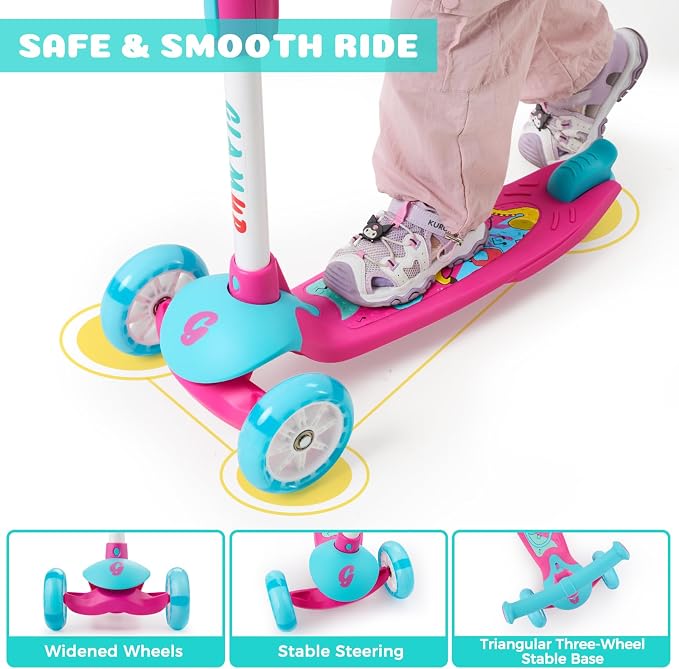 GLAMUP Kids Scooter, 3 Wheel Scooter for Kids Ages 3-12, Adjustable Handlebar, Lean-to-Steer, Foldable Kick Scooter for Boys and Girls