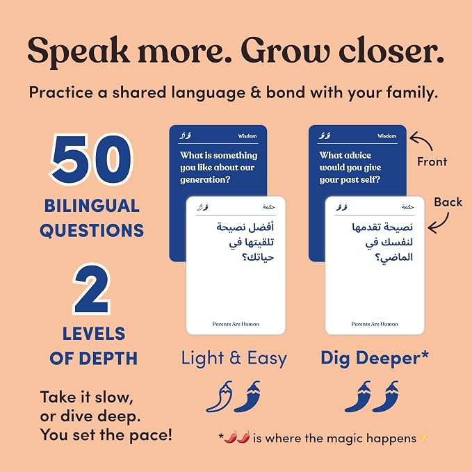 Parents Are Human, Relationship Cards, Get to Know Each Other Better, Parents, Families, Teens & Kids Relationship Building, Light & Deep Questions, 70 Questions & Activity Cards, English + Arabic
