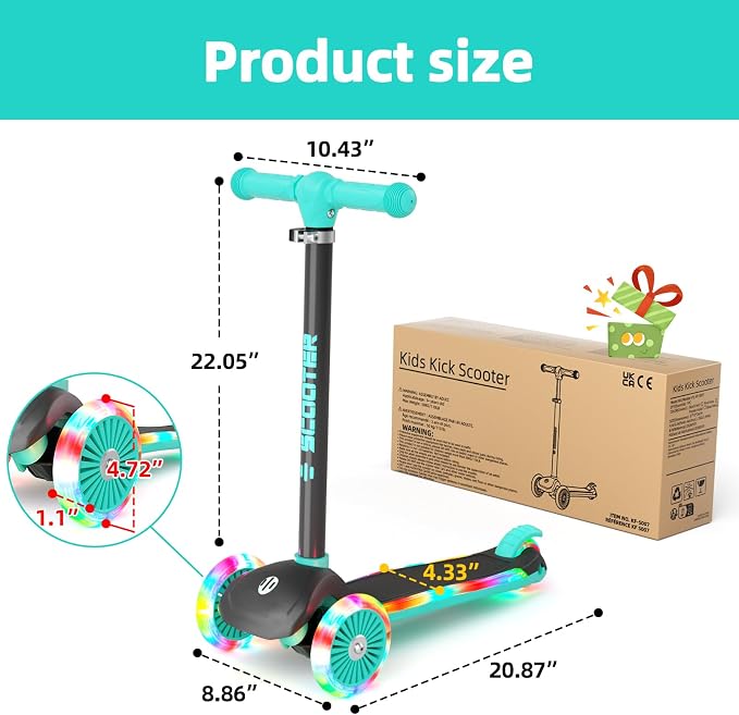 KORIMEFA Scooter for Kids Ages 3-8 with Light-Up Wheels & Deck, 3-Wheel Toddler Scooter with Adjustable Height, Anti-Slip Deck, Lean-to-Steer