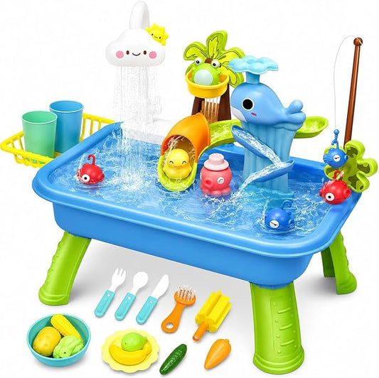 Water Table for Toddlers 1-3, Kids Play Sink for Toddlers with Pump, Whale Slide, Waterfall Shower & Pretend Kitchen Accessories, Summer Baby Water Toy for Outdoor Backyard Sensory Play（Blue）