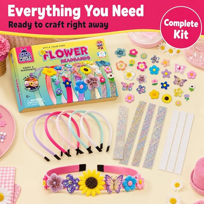 PURPLE LADYBUG Flower Headband Making Kit for Girls - Summer Toys for Kids Ages 4-8, Summer Crafts for Kids, 6 Year Old Girl Birthday Gift, Hair Accessories for Girls, Decorative Craft Activity Set