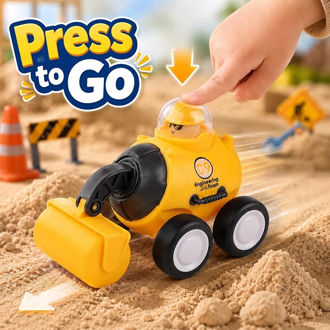 Press and Go Construction Truck Toys, 4 Pack Vehicles for Toddlers | Includes 4 yellow construction vehicles; movable front arm; for sandbox, floor play, and gift moments.