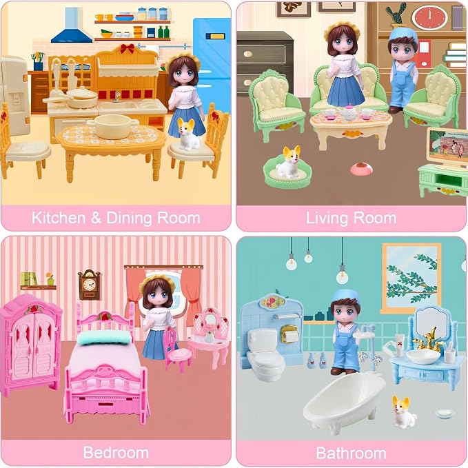 Princess Dollhouse Furniture Set, 48 Piece Luxury Miniature Accessories Collection with Living Room, Bathroom, Bedroom，Kitchen, TV Entertainment Set (Multi-Color)