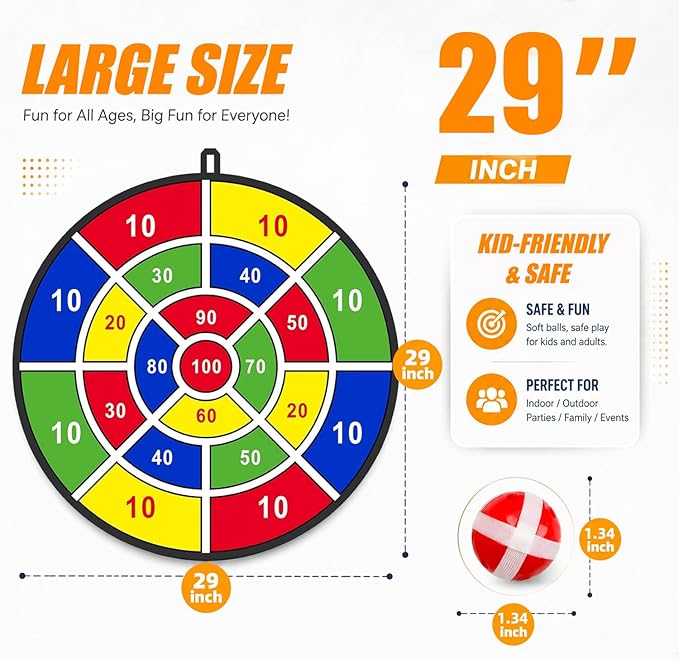 BooTaa 29" Large Dart Board for Kids, Kids Dart Board with Sticky Balls, Boys Toys, Indoor/Sport Outdoor Fun Party Play Game Toys, Birthday Gifts for 3 4 5 6 7 8 9 10 11 12 Year Old Boys Girls