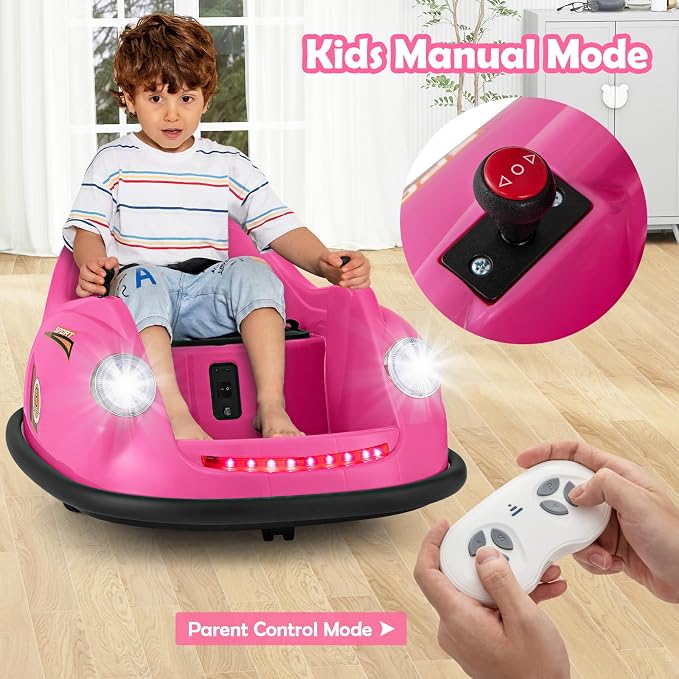 Costzon Bumper Car for Toddler, 12V Electric Kids Ride on Bumper Car with Remote Control, 360 Degree Spin, LED Lights, Music, Battery Powered Baby Bumping Toy Gift for Toddlers 2-5 Years Old (Pink)