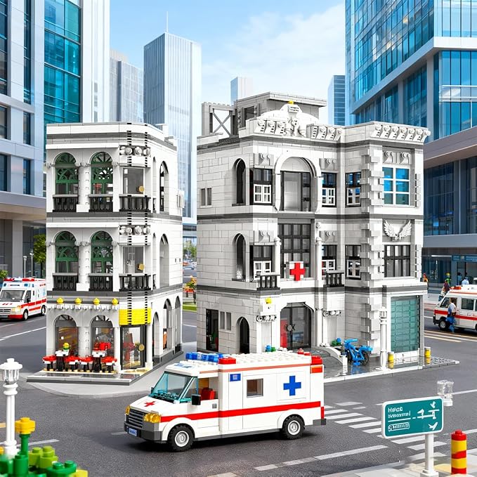 2-in-1 City Emergency Hospital Building Kit, MOC Street View Architecture 3 Levels Modular Buildings with 17 Figures, Construction Sets Ideas Present for Adults (4953 Pcs)