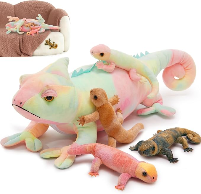 MorisMos 27" Giant Chameleon Stuffed Animal with Babies, 5Pcs Mama & Baby Stuffed Lizard Plush Toys for Kids, Realistic Rainbow Chameleon Plush Toys, Lizard Toys for Jungle Birthday Gift & Room Decor
