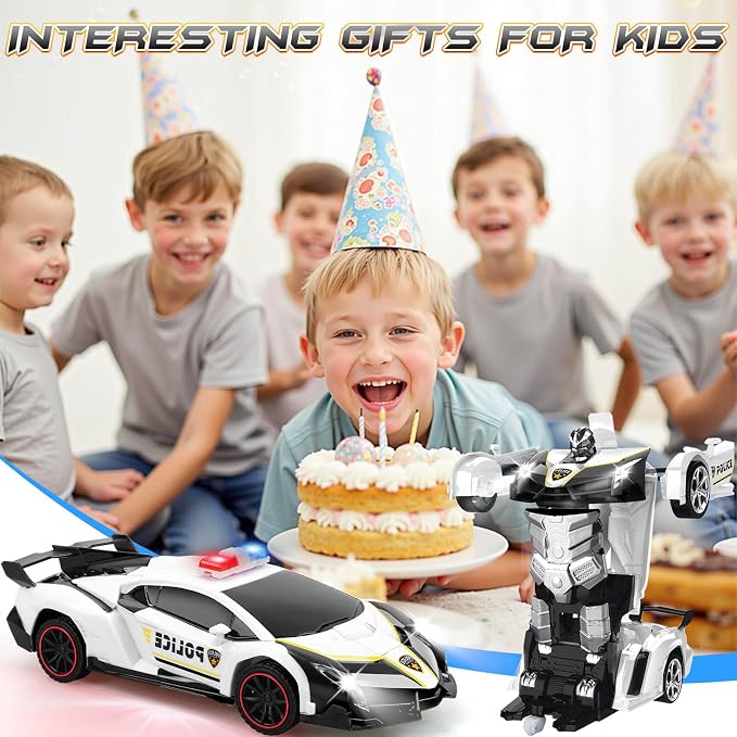 Remote Control Car Transformer Toys for Boy 4-6 Years Old: One-Button Transforming Police Car with LED Light & 360° Rotation Drifting 2.4 Ghz Robot RC Car Christmas Birthday Gift Idea for Kids