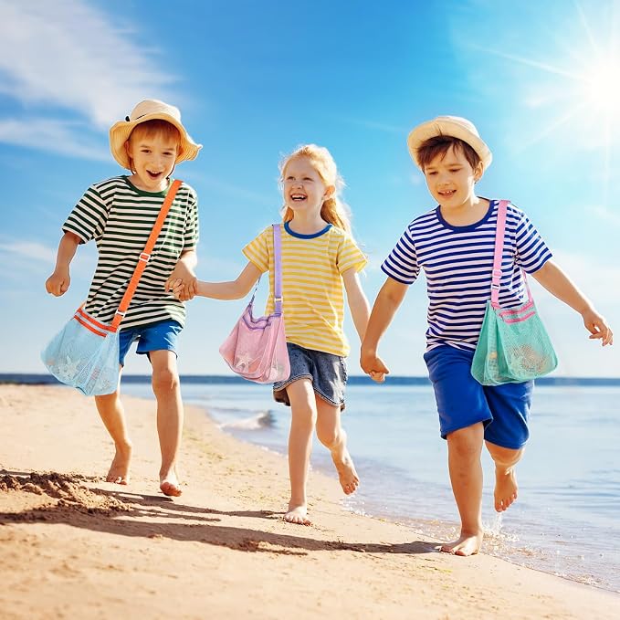 Beach Bag Toys for Shell Collecting,Colorful Beach Mesh Bag with Adjustable Shoulder Straps,Swimming Accessories for Boys and Girls