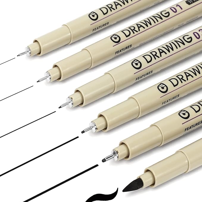 Muchcute Micro Fineliner Drawing Art Pens: 6 Black Fine Line Waterproof Ink Set Artist Supplies Archival Inking Markers Pigment Liner Journaling Sketch Outline Manga Anime Gifts Sketching Watercolor
