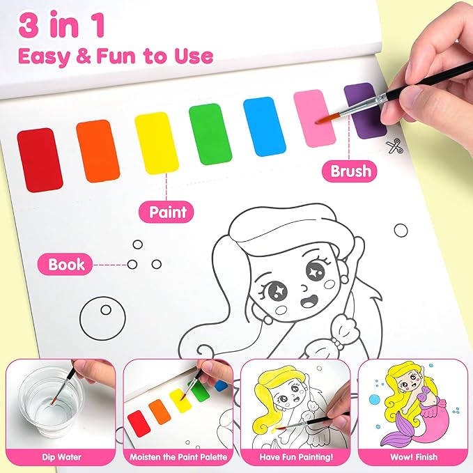 Paint with Water Coloring Books for Kids: 2 Pack Watercolor Painting Books Set for Ages Toddler Girl Boys 3 4 5 6 7 8 Year Old Birthday Gifts - Mess Free Drawing Activity Arts and Crafts Toys Kit