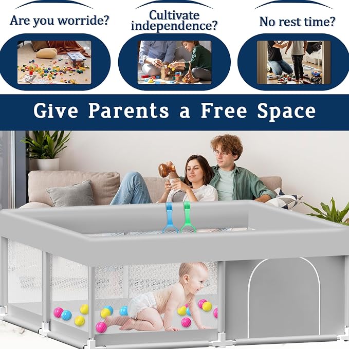 Baby Playpen with Balls and Pull Rings, 50x50 Inch Playpen for Babies and Toddlers Baby Playpen Fence Playard Activity Center, Without MAT Included