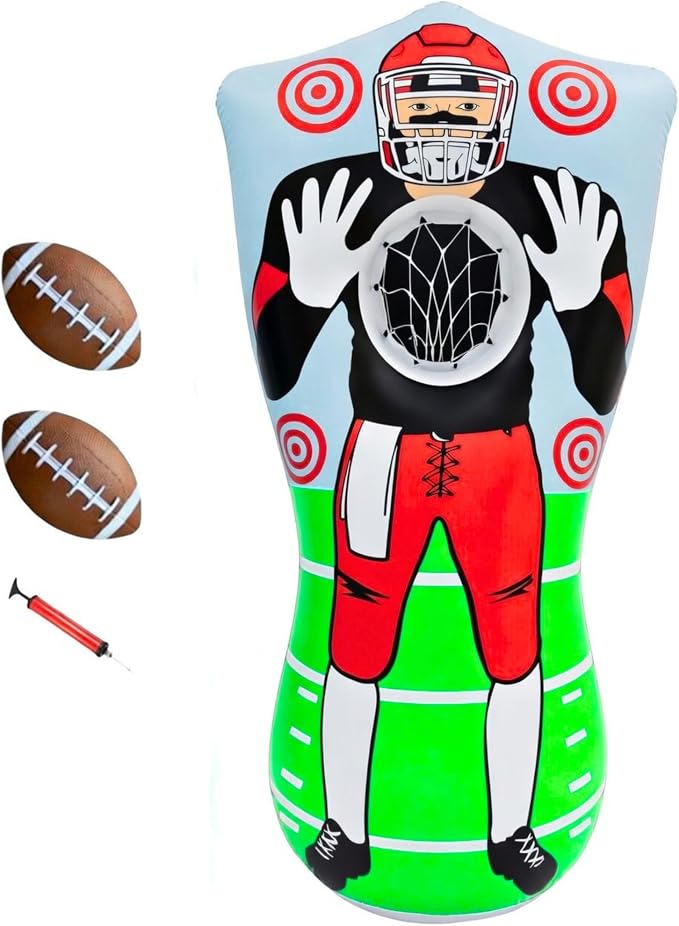 Preferred Toys 65” Inflatable Football Target Net Toss Game - Double-Sided Throwing Practice Football Stuff with Mini Balls - Backyard Tailgate Party Sports Toy for Kids & Adults