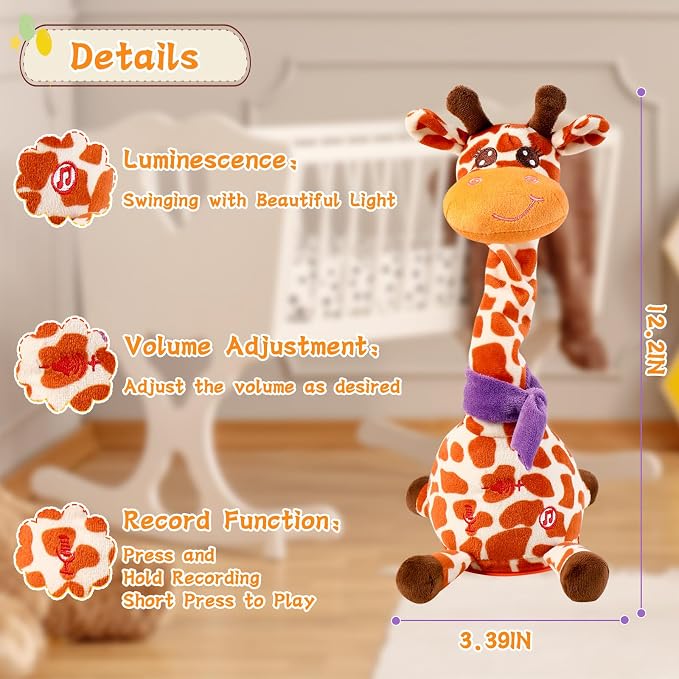 Dancing Talking Giraffe Toy, Stuffed Animal Baby Toy Repeating What You Say, Glowing Musical Giraffe Gifts for Toddlers 1-3 Years Old, for Kids (New Giraffe)