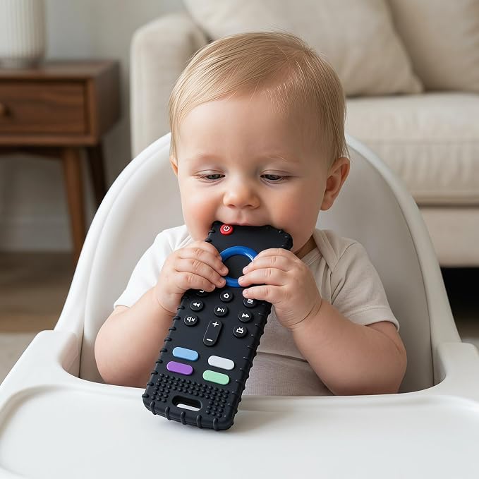 SOLIFEGOBLE Silicone TV Remote Teething Toy, BPA-Free Food Grade Teether for Babies 6-24 Months, Soft Chew Toy with Textured Buttons, Teething Relief & Sensory Play Black