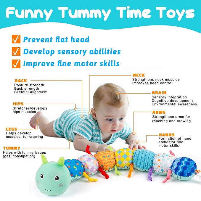 Baby Tummy Time Toys 0-6 Month Musical Stuffed Animal Plush Caterpillar Toy for Infant 6-12 Month Teething Sensory Toy with Crinkle Rattle for Babies 0-3-6 Month Newborn Boy Girl Easter Basket Stuffer