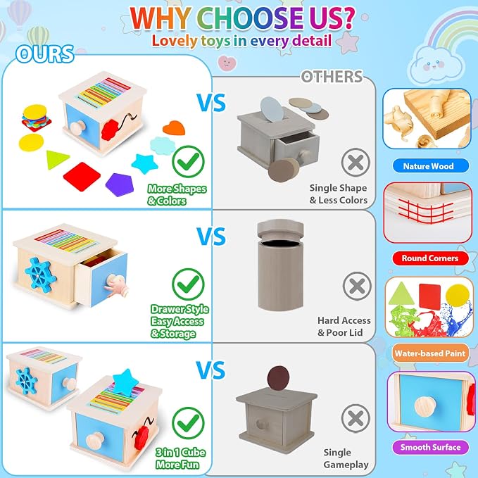 FCSONU Toddlers Montessori Coin Box Toys for 1 2 3 Year Old Boys Girls, Wooden Baby Toys for Toddlers 1-3, Color Sorting Stacking Sensory Toys for Ages 2-3, Easter Birthday for Kids