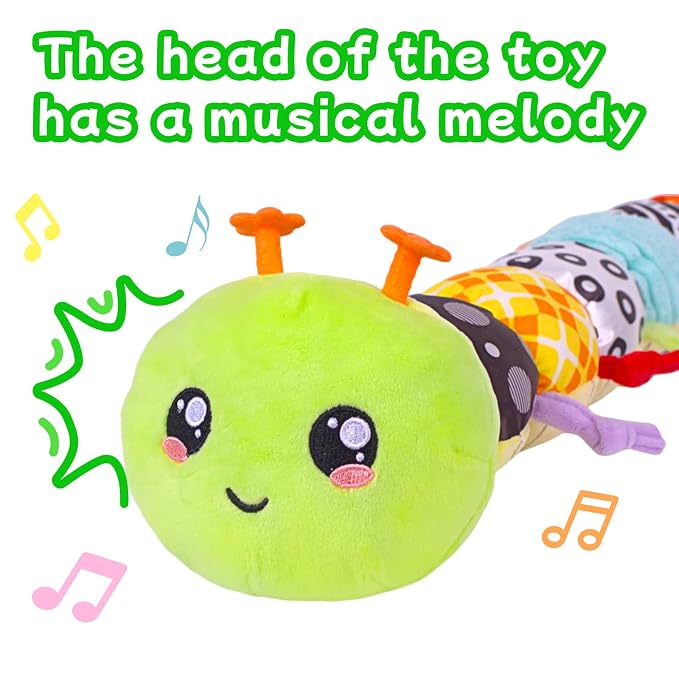 2026 Soft Plush Caterpillar Baby Musical Toy for 0-12 Months Newborn Tummy Time Training, Infant Sensory Stuffed Doll with Rattle, Crinkle Paper & Mirror, Unisex Baby Shower Gift for Boys Girls