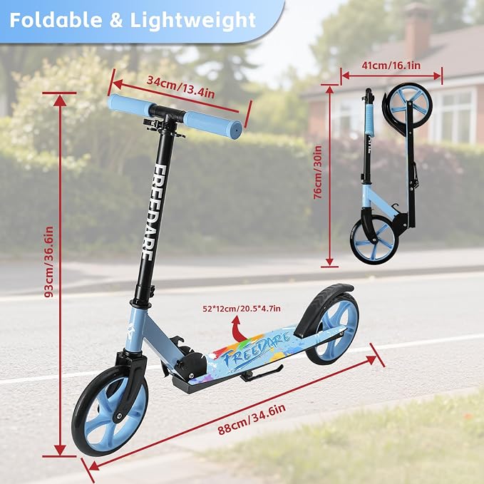 FREEDARE Kick Scooter for Kids & Adults Ages 8+, Foldable Teen Scooter with 2 Big 8-inch Wheels and 4-Level Adjustable Handlebar, Max Load 220 LBS