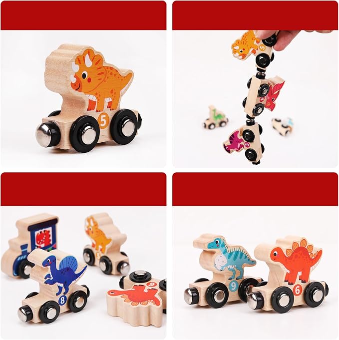 Magnetic Wooden Dinosaur Train Set, 11 Piece Montessori Toys for Toddlers, Preschool Educational Material for Kids, Birthday Gifts for Boys and Girls