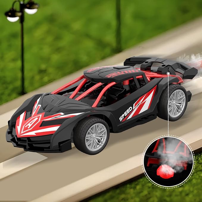 1/18 RC Car for Kids with Rechargeable Battery, LED Lights & Spray - Remote Control Car for Boys, Small RC Drift Cars for Ages 4-7 8-12(Black & Red)