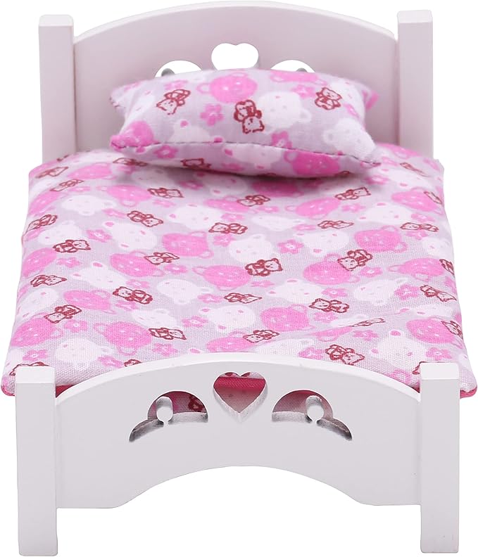 Dollhouse White Wooden Mini Bed with Pink Bedding, 1:12 Scale Realistic Bedroom Furniture for 6 Inch Dolls