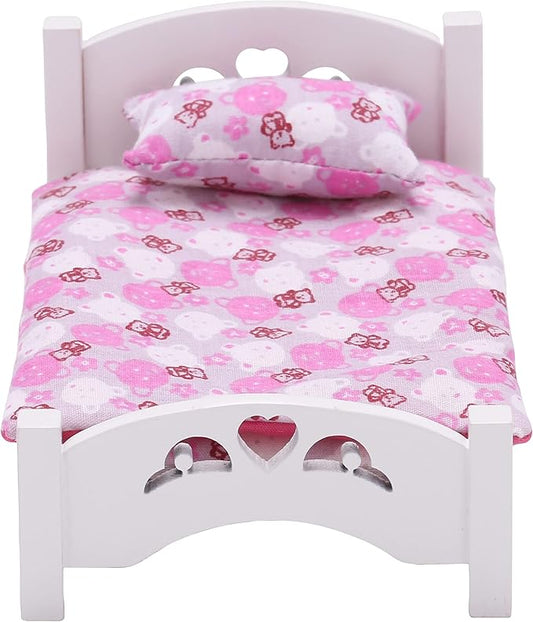 Dollhouse White Wooden Mini Bed with Pink Bedding, 1:12 Scale Realistic Bedroom Furniture for 6 Inch Dolls