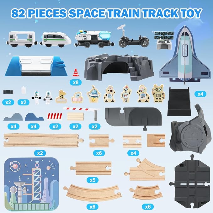 82 Pcs Wooden Train Set for Toddlers, Magnetic Train with Track for Kids Ages 3-6, Compatiable with Major Brands, Space Railway Playset Gifts for Boys and Girls Ages 3+