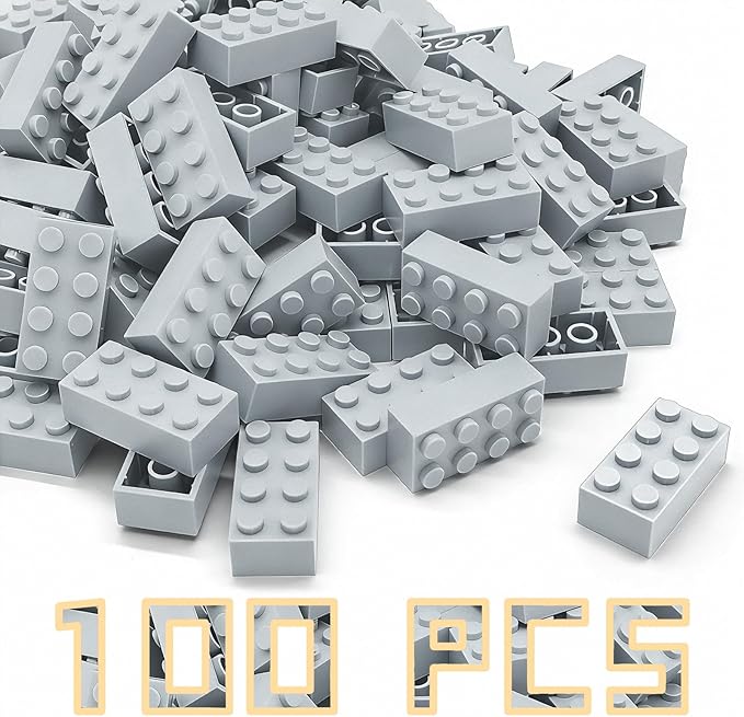 Classic Building Brick 2x4 100 Pieces, Compatible with Lego 3001 Bulk Block Set, Creative Building Toy DIY, Suitable for Boys Girls and Teenagers Aged 6+ (Light Gray)