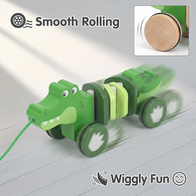 Baby Toys Car,Wooden Pull Along Toddler Toy, Developmental Toy for 1 Year Old Girl Boy Birthday Gift (Crocodile)
