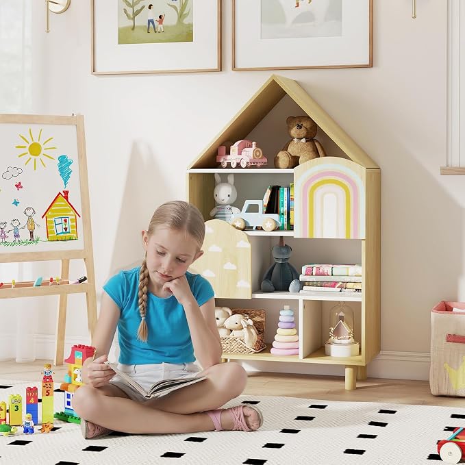 Costzon Kids Dollhouse Bookshelf w/ 2 Doors, Wooden Toy Storage Organizer w/Anti-toppling Devices & Solid Wood Legs, House-Shaped Toddler Bookshelf for Kids Room, Playroom, Nursery, Bedroom, Natural