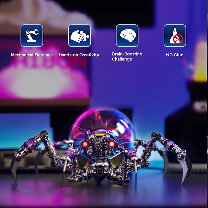 Arcynix Cyberpunk Metal Spider 3D Puzzle, DIY Sci-Fi Model with Color-Changing Eyes & Interactive Plasma Ball & Home Decor for Teens & Adults (14+), 650 Pieces, 1 Count