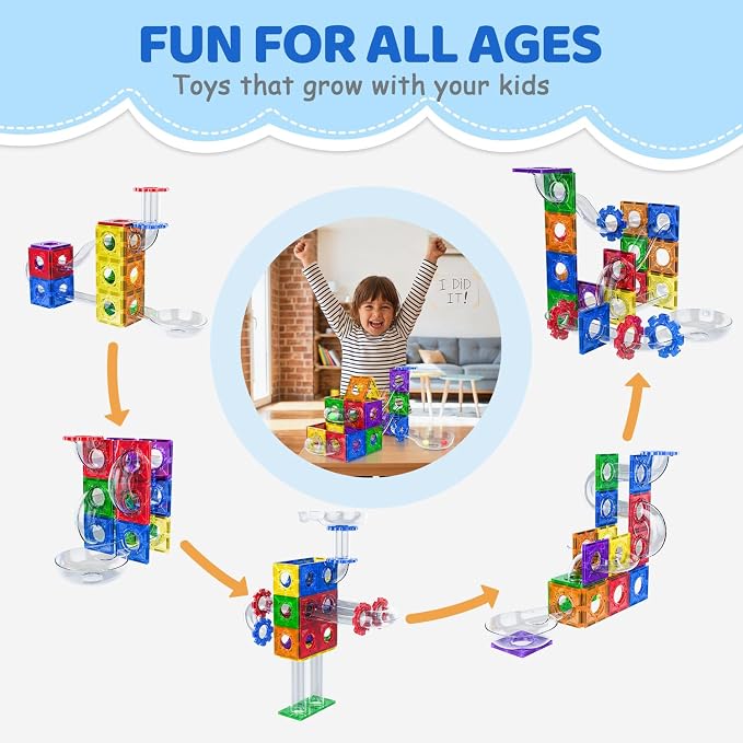 Magnetic Tiles, 72 PCS Magnetic Marble Run Building Blocks – STEM Toy for Kids Ages 3-8 | 3-in-1 Building Set with Tiles, Race Tracks & Marble Runs for Creative Learning & Imaginative Play