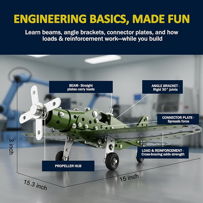 Metal Model Airplane Building Toys for Boys & Girls Ages 8-16, 285 Pieces DIY STEM Construction Kits, Educational Engineering Science Plane Set, Vintage Aircraft Vehicle Gift for Kids & Adults