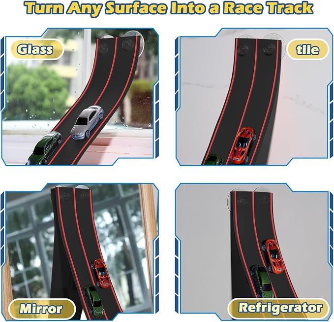Flexible Race Track for Kids, 15Ft Flexible Car Track Race Car Track Compatible with Hot Wheels and Diecast 1/64th Cars, Flex Tracks Roll Up Race Ramp Toy with Strong Suction Cups