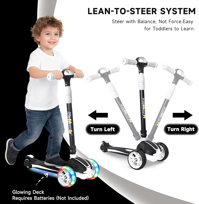 Nattork Kids Scooter for Age 3-8, Toddler Scooter with 4 Adjustable Height for Boys & Girls, Light Up 3-Wheels Foldable Kick Scooter, Lean to Steer, 120LB Weight Capacity