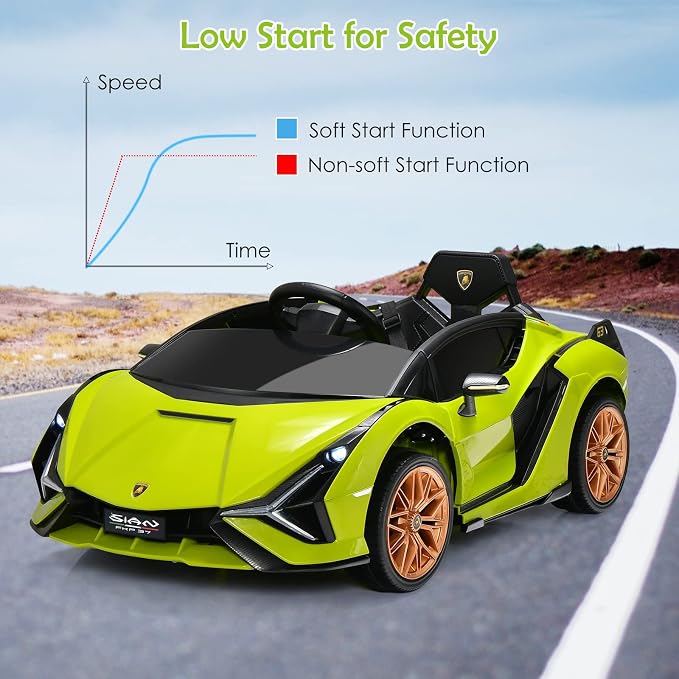 OLAKIDS Kids 12V Licensed Lamborghini SIAN Ride On Car, Electric Vehicle for Toddler with Control Remote, Battery Powered Toy with Music, Horn, 2 Speeds, Suspension, LED Lights, Bluetooth, USB (Green)