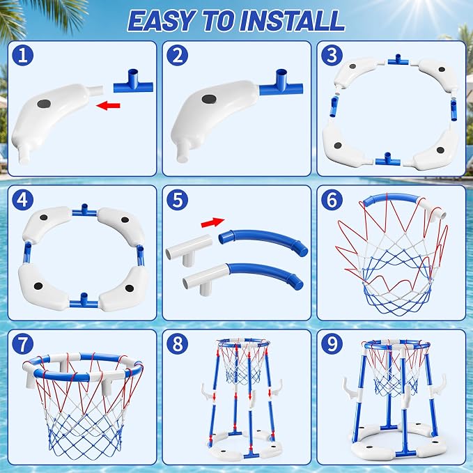 JUKUDAHU Pool Basketball Hoop, Boy Pool Toys for Kids Ages 4-8, 2-in-1 Floating Pool Ring Game with 4 Balls and Pump, Outdoor Swimming Water Play Toy, Summer Water Toys for Kids Adults Age 3-12
