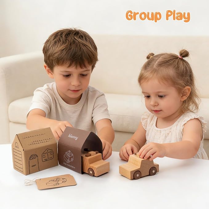 Wooden Toy Cars for 3 Year Old Boys & Girls - Construction Vehicles Set Push Toys for Toddlers, Wood Montessori Car with Rolling Wheels, Natural Wood Toys (Ambulance & Police Car)