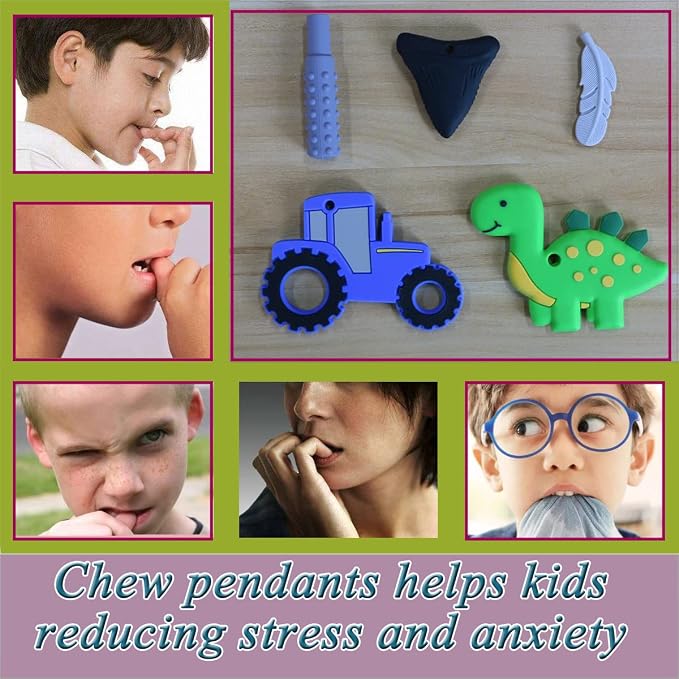 KongNai Chew Necklace for Sensory Kids, 5Pcs Chewy Necklaces for Boys and Girls with Autism ADHD, Chewable Silicone Pendant for Reducing Fidget Anxiety,Dinosaur Tractor Chewing Pendants for Toddler