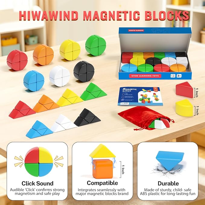Hiwawind 56 PCS Magnetic Blocks, 1-Inch Isosceles Triangles & Quarter Circles, Montessori STEM Sensory Toys for Kids Ages 3-6, Christmas & Birthday Gift for Boys Girls