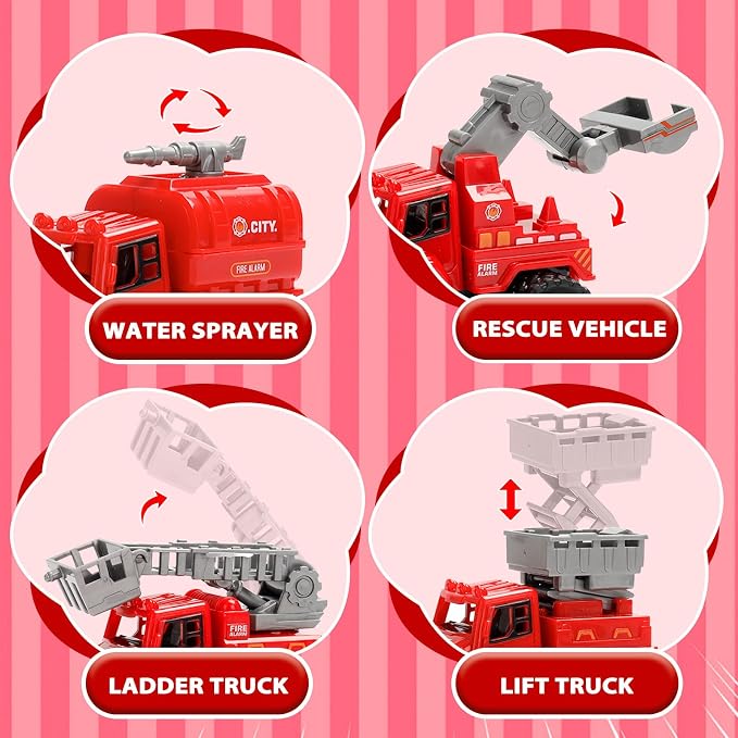 4 Pack Friction Powered Fire Truck Toys, Push and Go Emergency Vehicle Set with Ladder, Water Tank, Rescue & Drill Trucks, Durable Play Trucks for Toddlers 1-5, Gift for Boys Girls